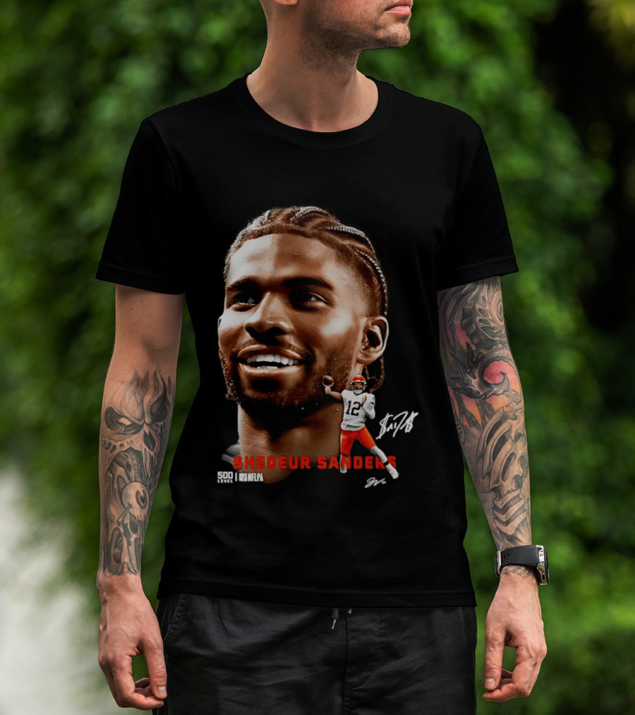Shedeur Sanders NFLPA 500 Level Dual Autograph Cleveland 12 T-Shirt