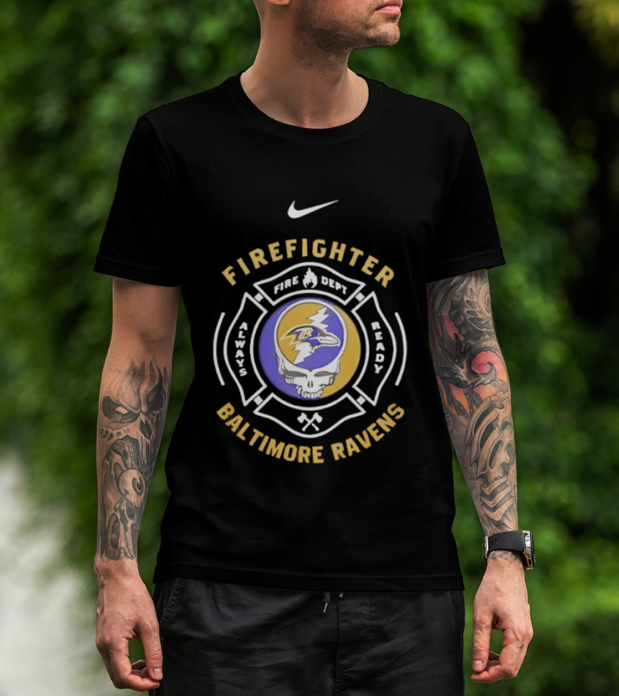 Nike Baltimore Ravens Grateful Dead Firefighter Ravens Heads SFDNY Station 26 Engine 58 T-Shirt