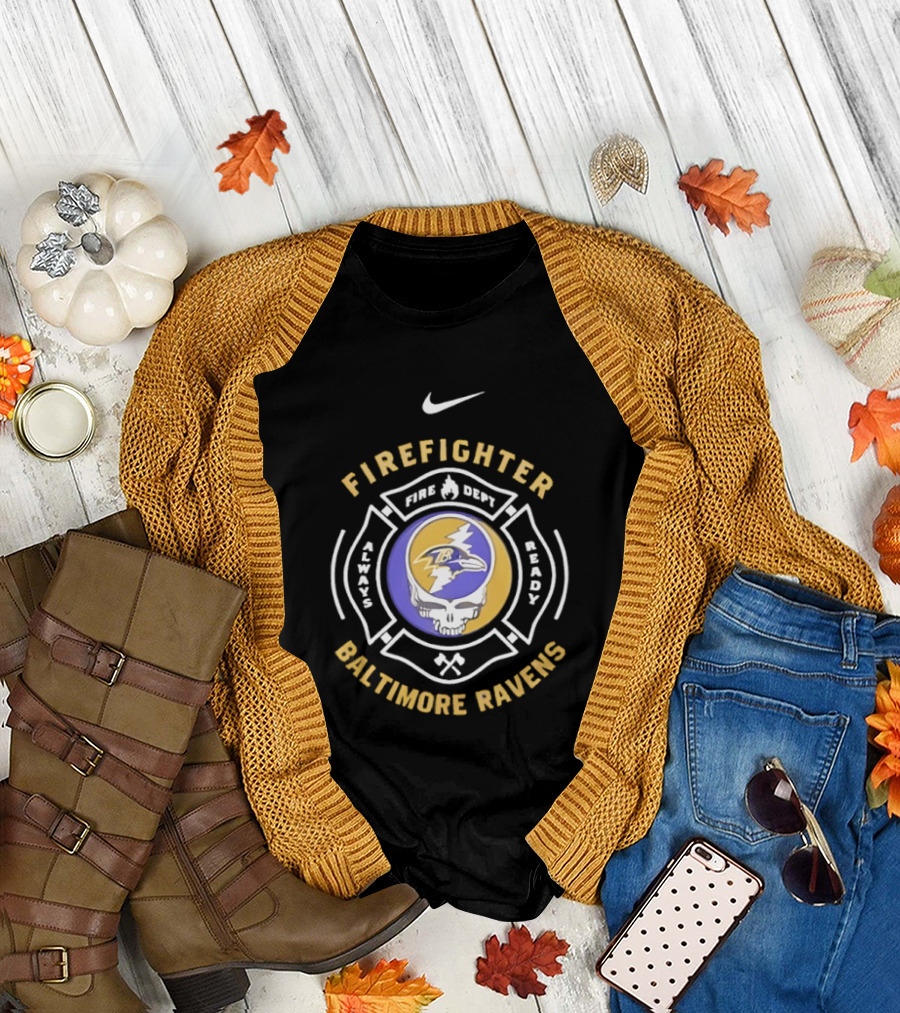 Nike Baltimore Ravens Grateful Dead Firefighter Ravens Heads SFDNY Station 26 Engine 58 T-Shirt