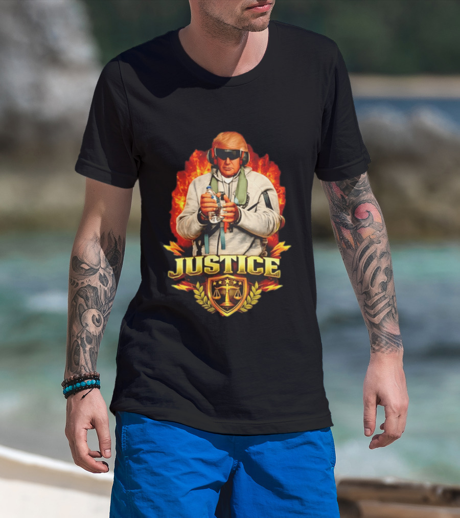 Justice Trump Flaming Background Holding Water Scales Of Justice T-Shirt