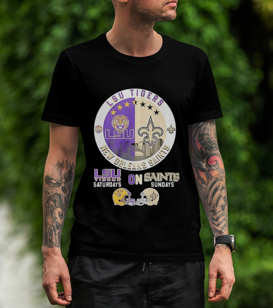 LSU Tigers Saturdays New Orleans Saints Sundays Mashup Helmet T-Shirt
