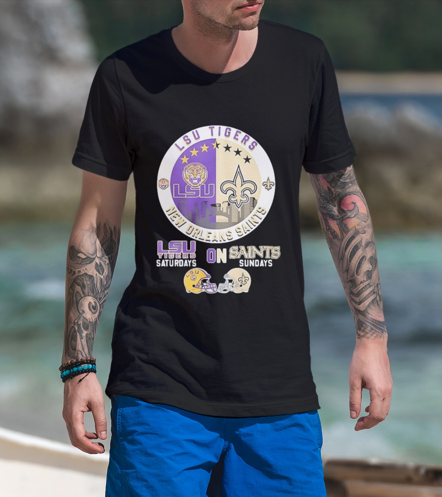 LSU Tigers Saturdays New Orleans Saints Sundays Mashup Helmet T-Shirt