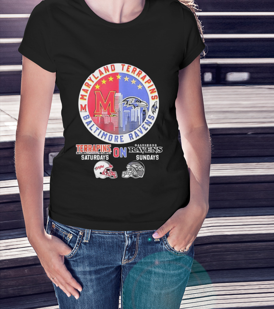 Maryland Terrapins Saturdays Baltimore Ravens Sundays Mashup Helmet T-Shirt