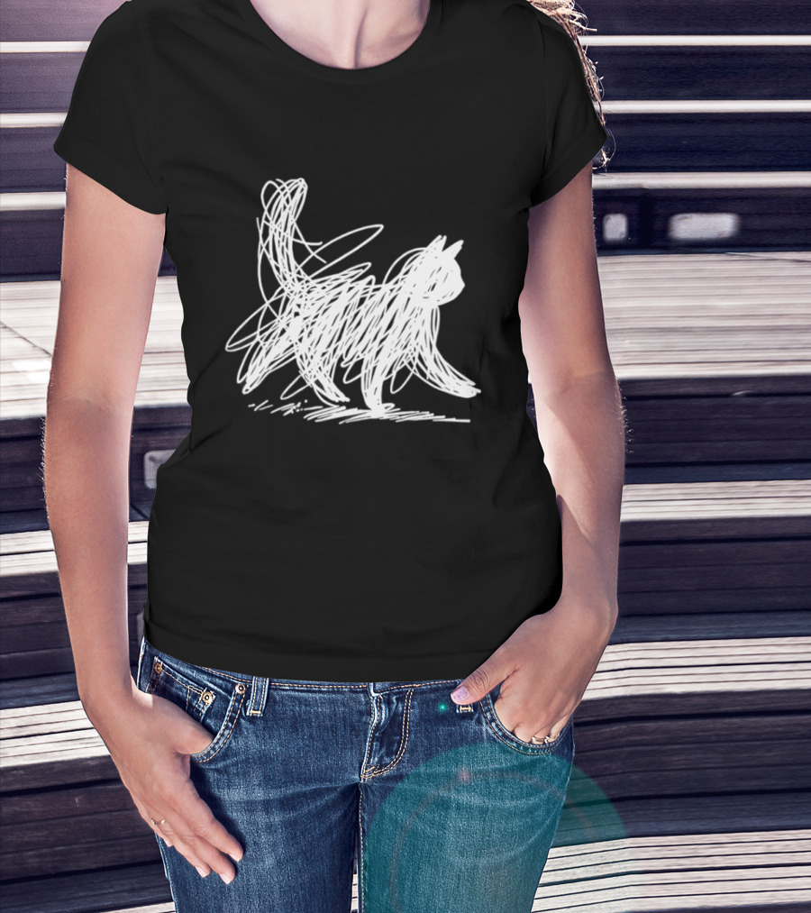 Scribble Cat Minimal Line Art Japanese T-Shirt