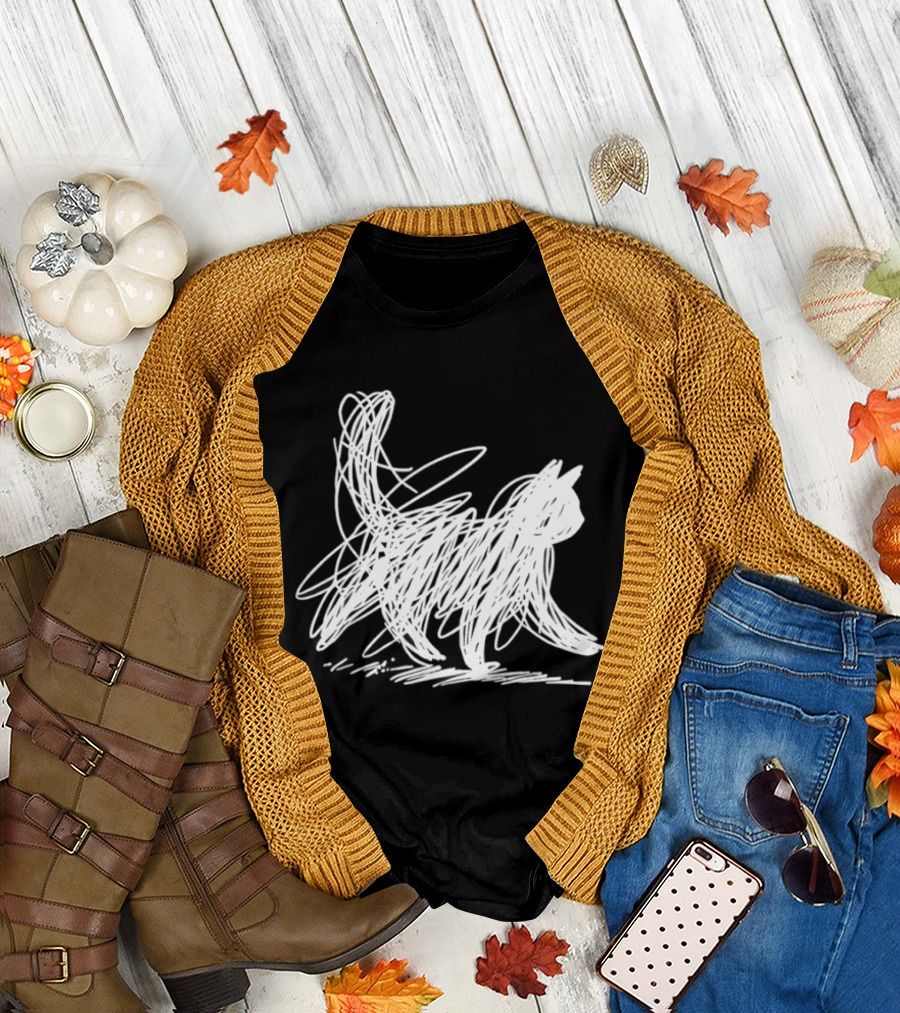 Scribble Cat Minimal Line Art Japanese T-Shirt