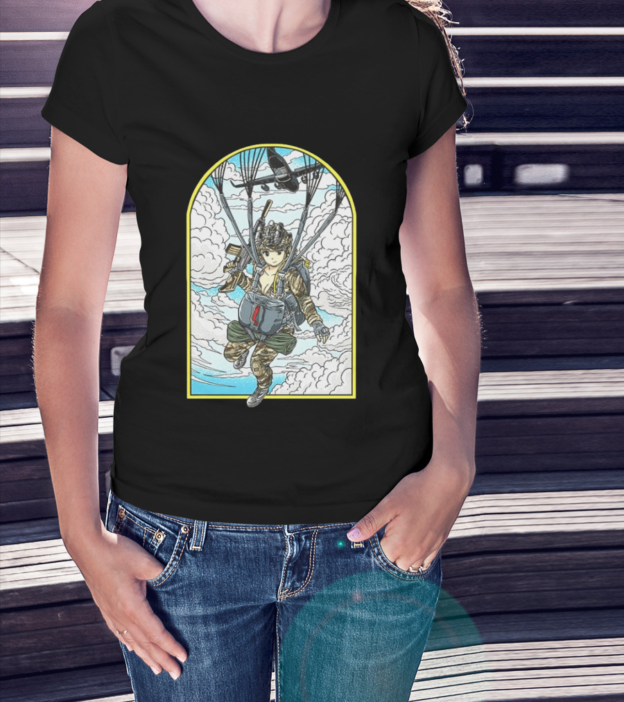 Sky Waifu Anime Paratrooper With Clouds And Plane T-Shirt