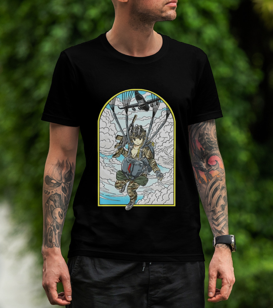 Sky Waifu Anime Paratrooper With Clouds And Plane T-Shirt