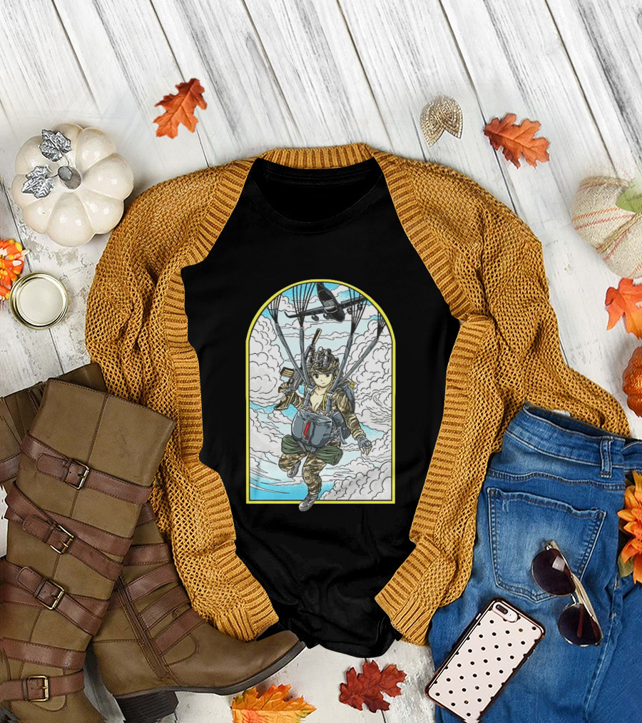 Sky Waifu Anime Paratrooper With Clouds and Plane T-Shirt