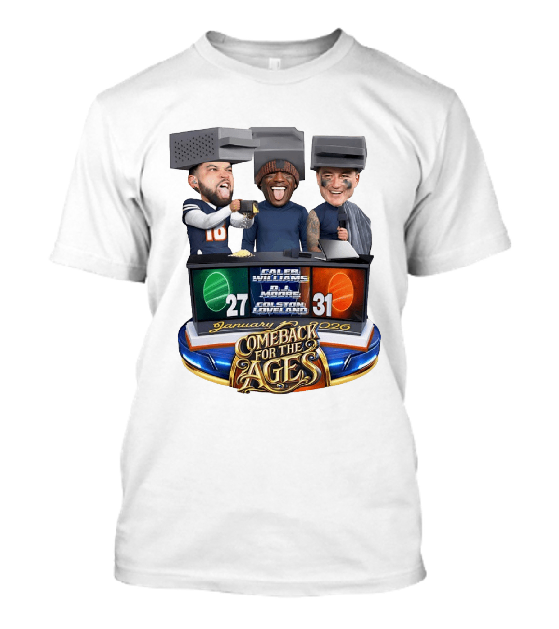 January 2026 Caleb Williams Colston Loveland DJ Moore Cheese Grater Caricature Comeback For The Ages T-Shirt
