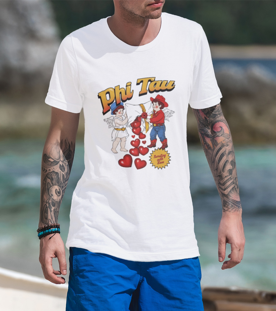 Phi Tau Valentine's Cupid And Cowboy Bursting With Love Hearts T-Shirt