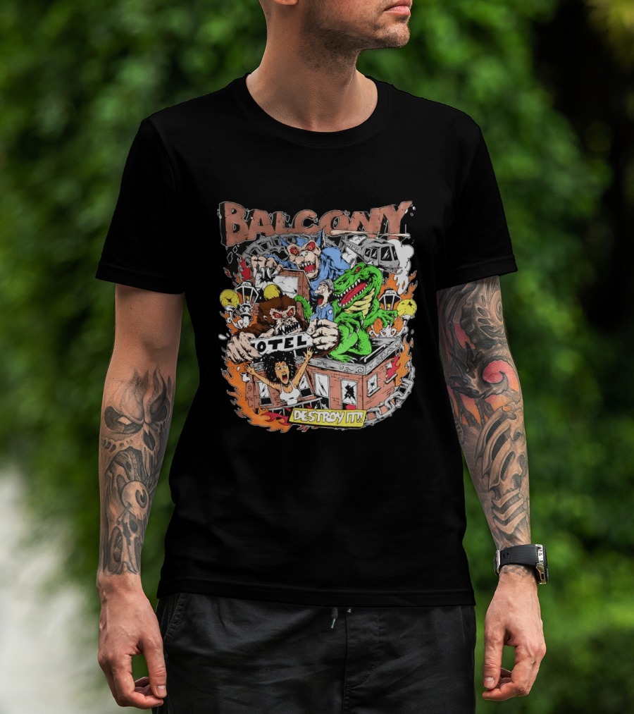 Balcony Hotel Rampage Cartoon Destroy It Monsters And Chaos T-Shirt