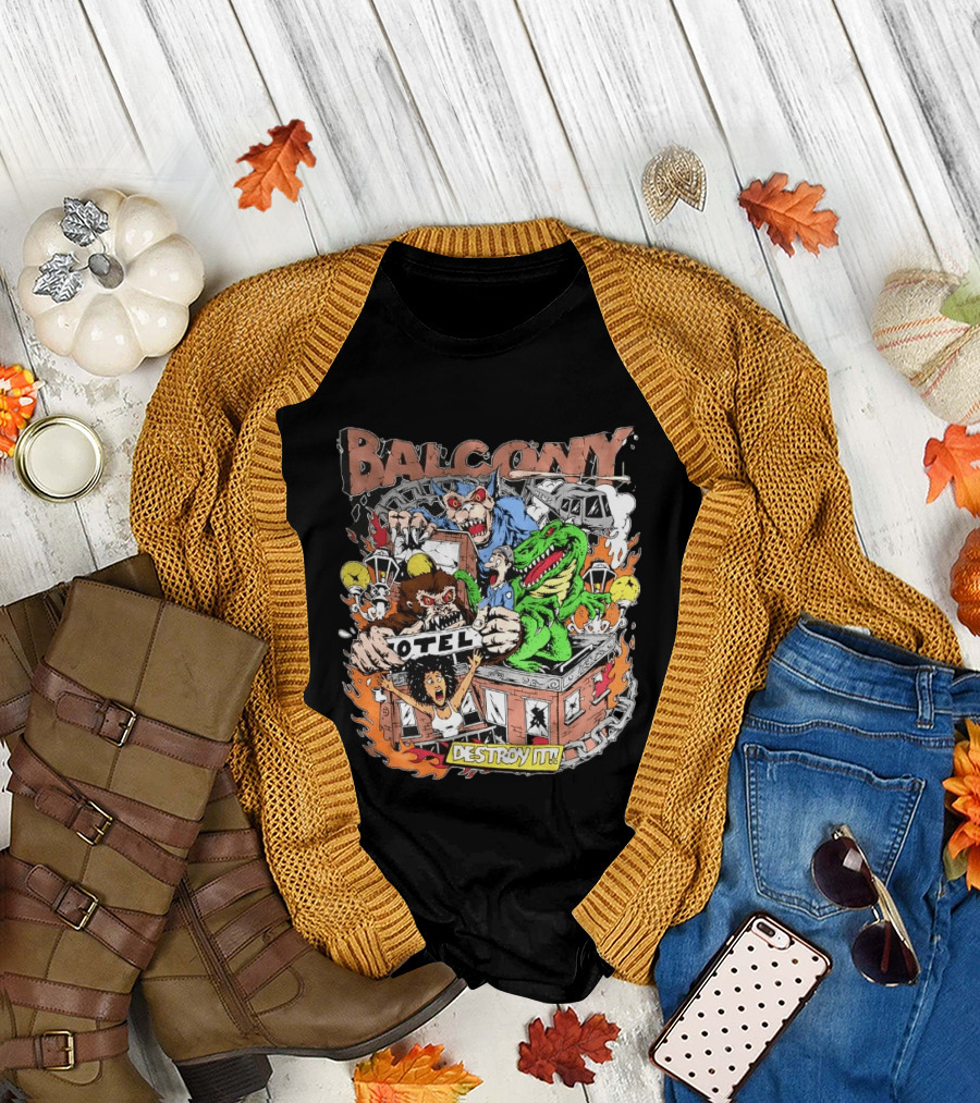 Balcony Hotel Rampage Cartoon Destroy It Monsters and Chaos T-Shirt