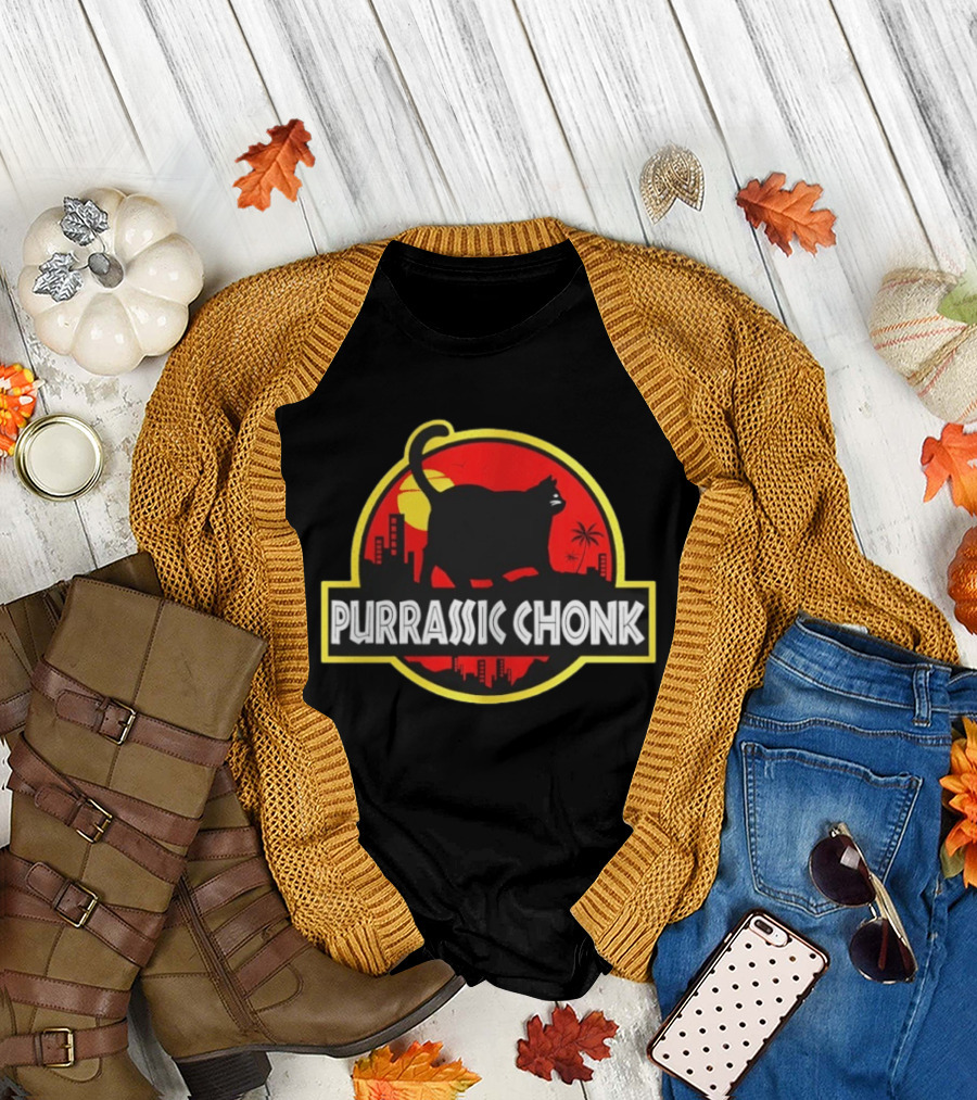Purrassic Chonk Jurassic Cat Parody with Cat Silhouette on Red Sun T-Shirt