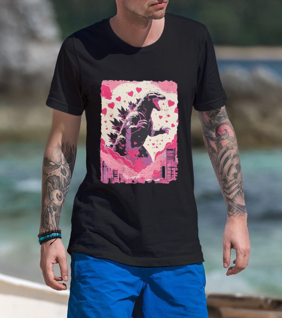 Valentines Day Love Japanese Kaiju Monster With Hearts For Men Women T-Shirt