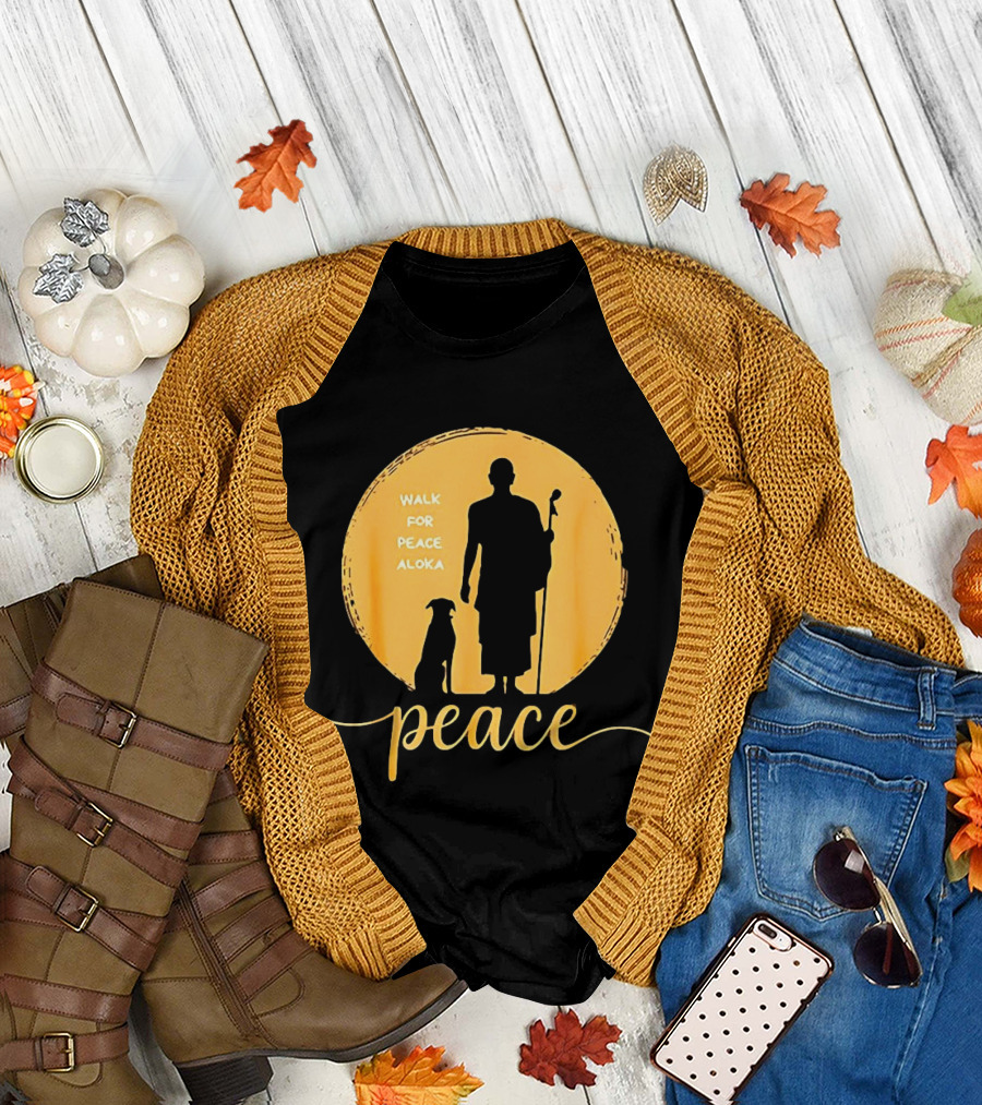 Walk for Peace Aloka Monk and Dog Silhouette Peaceful Journey T-Shirt