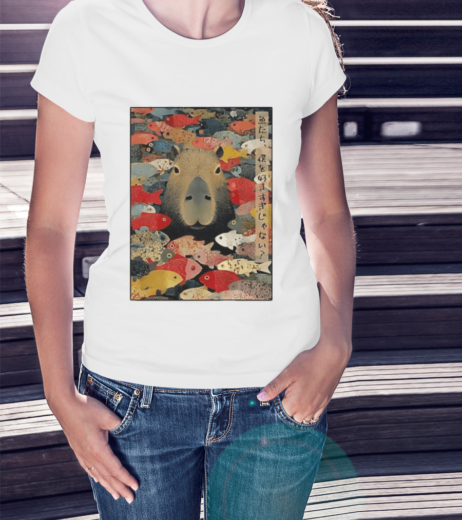 Am I Too Lovable Capybara Surrounded By Colorful Koi Fish T-Shirt