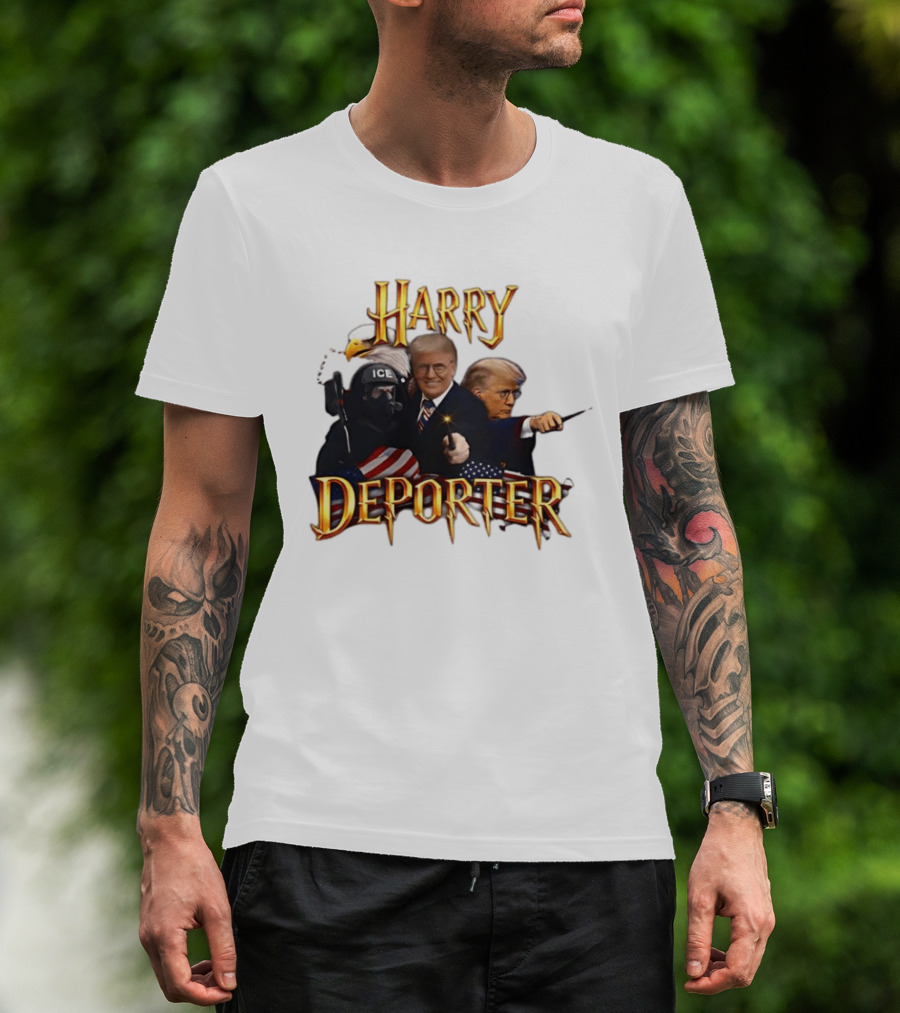Harry Deporter Trump ICE Caricature American Flag Wand And Eagle T-Shirt