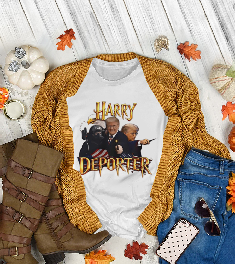 Harry Deporter Trump ICE Caricature American Flag Wand and Eagle T-Shirt