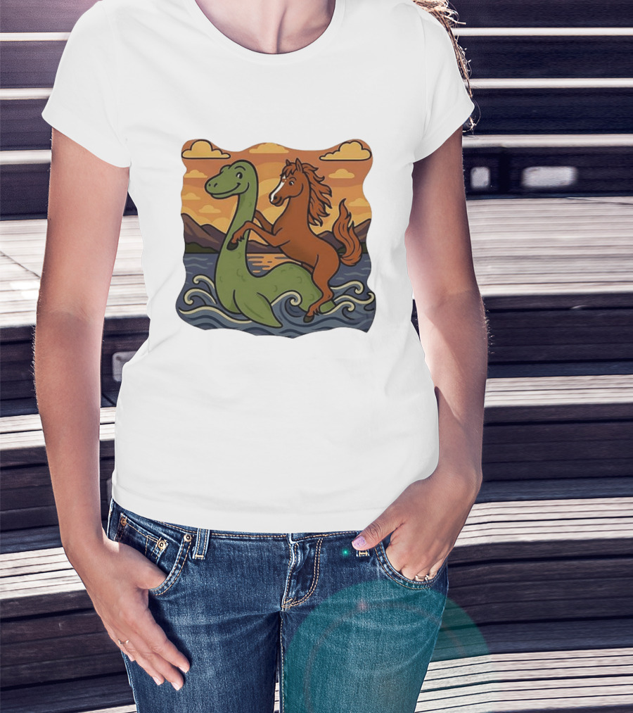 Playful Horse Riding Loch Ness Monster At Sunset Scene T-Shirt