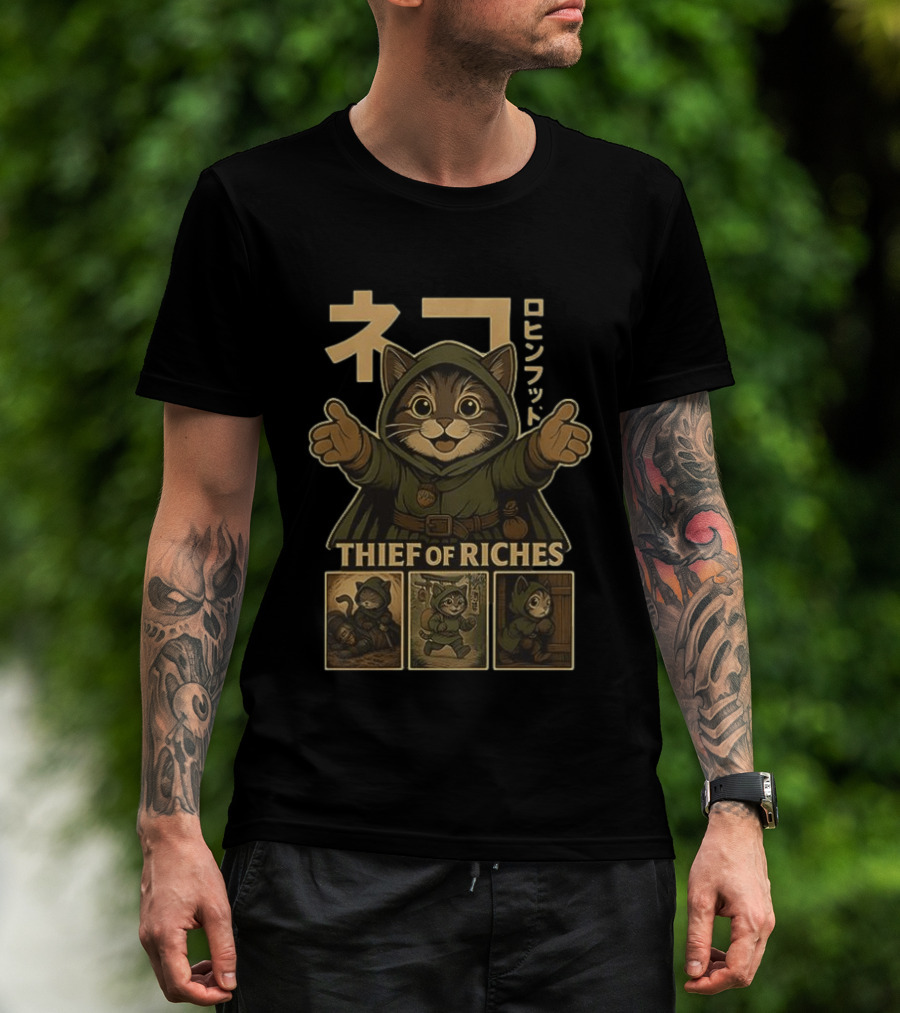 Cat Thief Of Riches Japanese Text Playful Robber T-Shirt