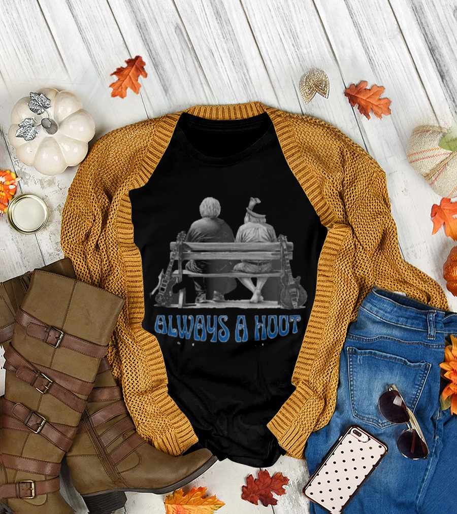 Always A Hoot Jerry Garcia Bob Weir Grateful Dead Bench Scene with Guitars T-Shirt