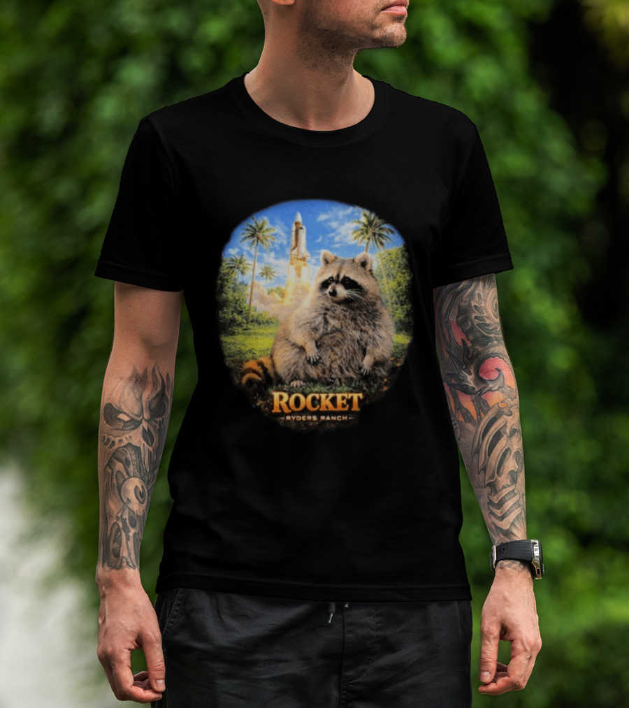 Rocket Raccoon Space Launch Tylernolantattoos Ryders Ranch T-Shirt