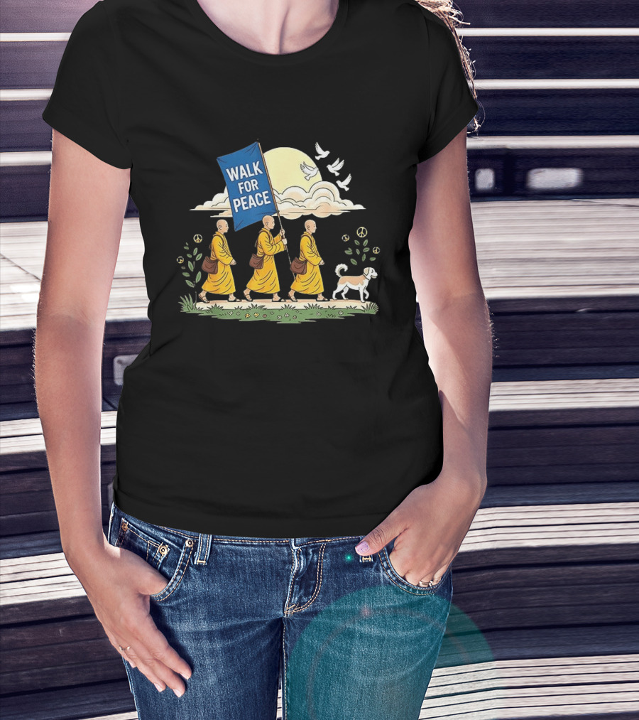 Walk For Peace Buddhist Monks And Dog Journey With Doves And Peace T-Shirt