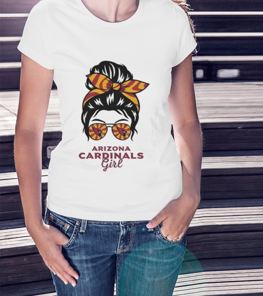Arizona Cardinals Girl Messy Bun Glasses Vintage Sports Fan T-Shirt