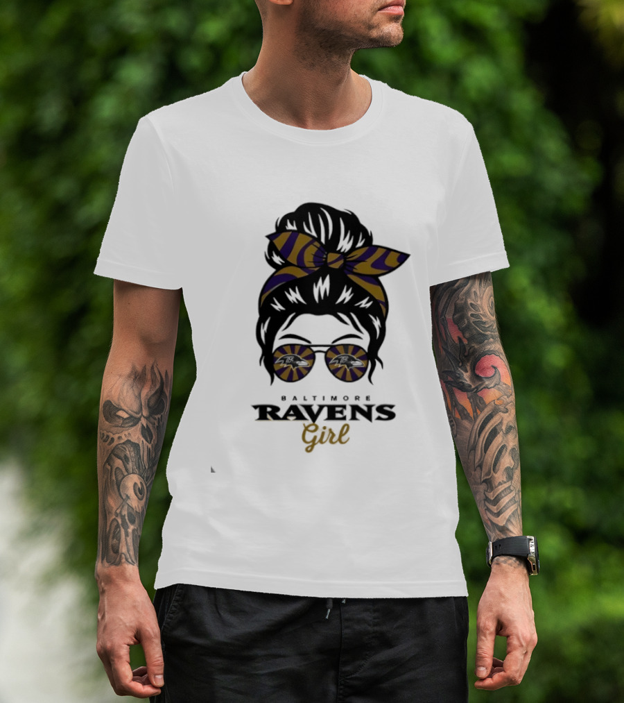 Baltimore Ravens Girl Messy Bun Glasses Bow Fan Gear T-Shirt