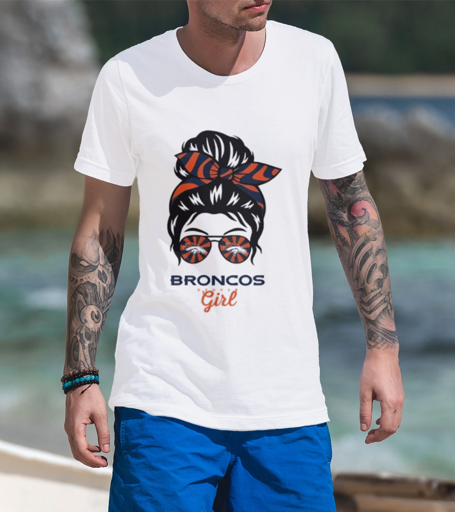 Broncos Girl Messy Bun Glasses And Bow T-Shirt