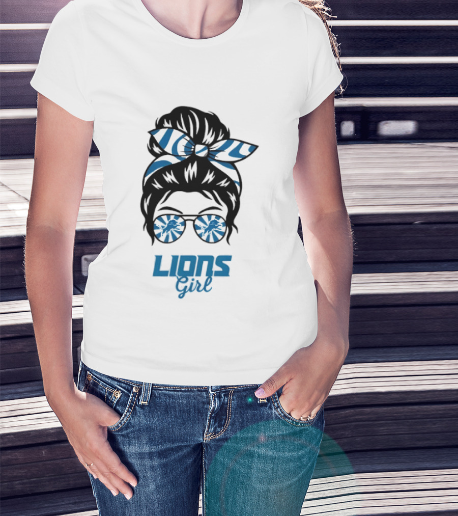 Detroit Lions Girl Glasses Messy Bun T-Shirt