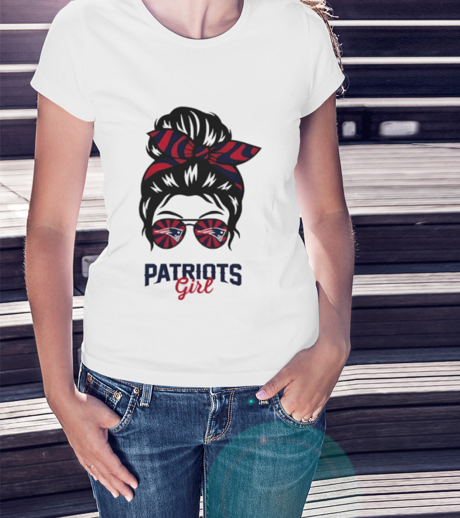 Patriots Girl Messy Bun Glasses Red Blue Bow Fan T-Shirt