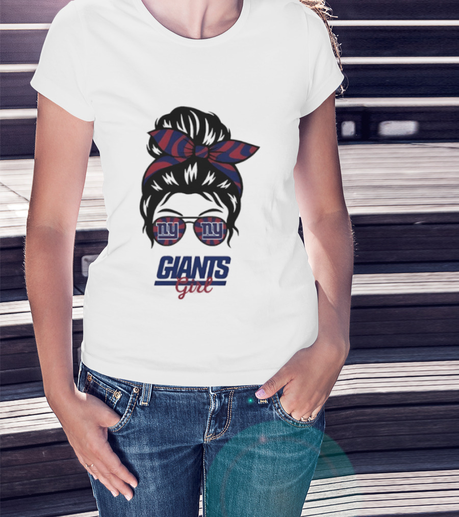 New York Giants Girl Messy Bun Glasses Bow T-Shirt