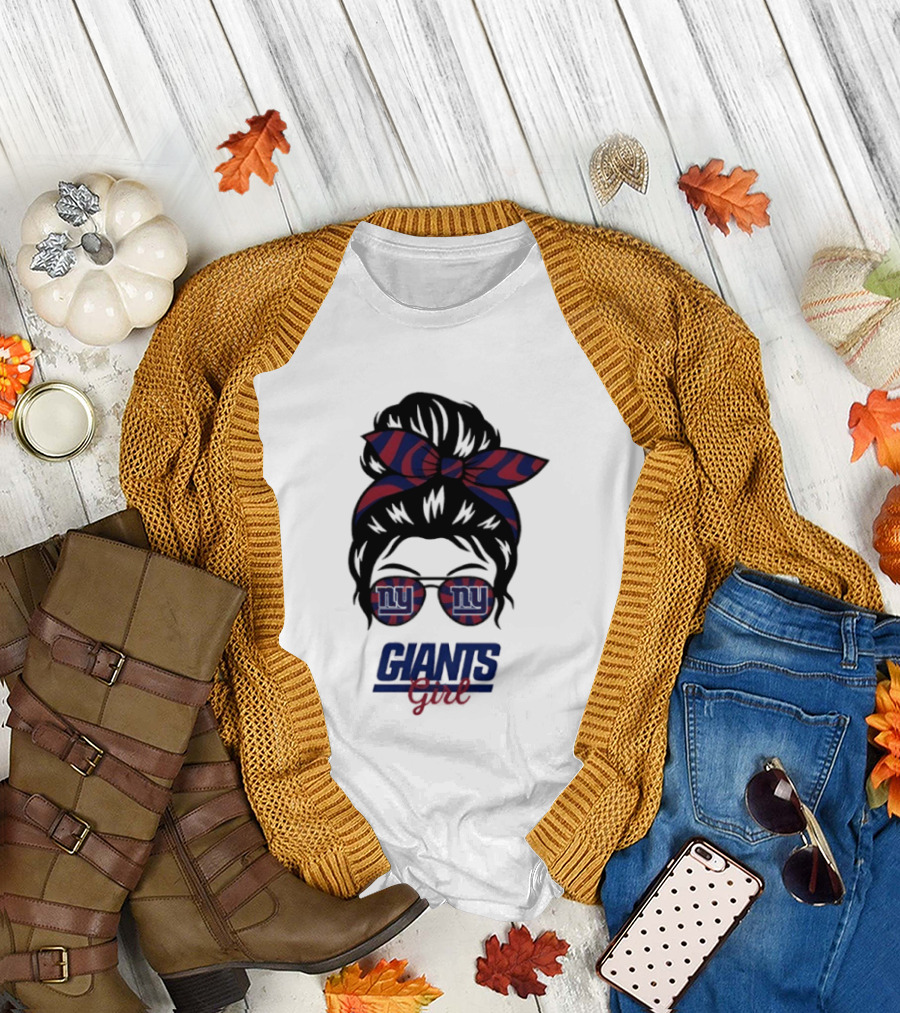 New York Giants Girl Messy Bun Glasses Bow T-Shirt