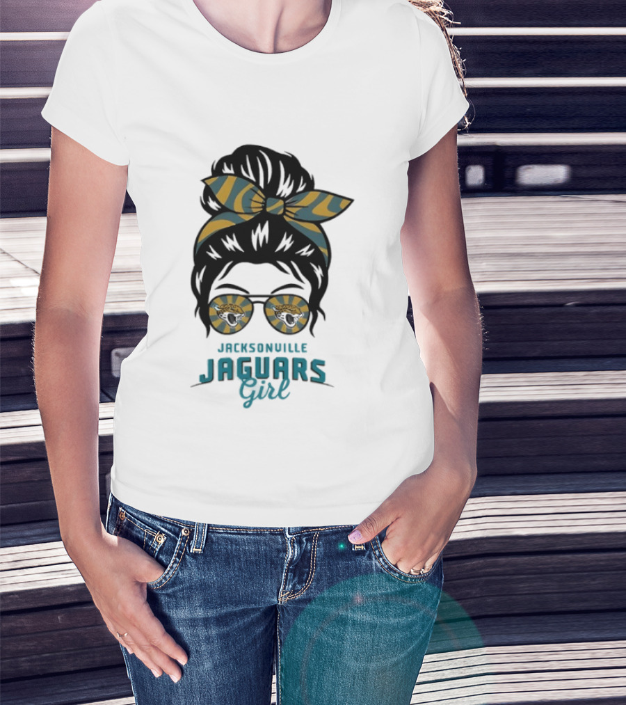 Jacksonville Jaguars Girl Messy Bun Glasses Bow Fan Spirit T-Shirt