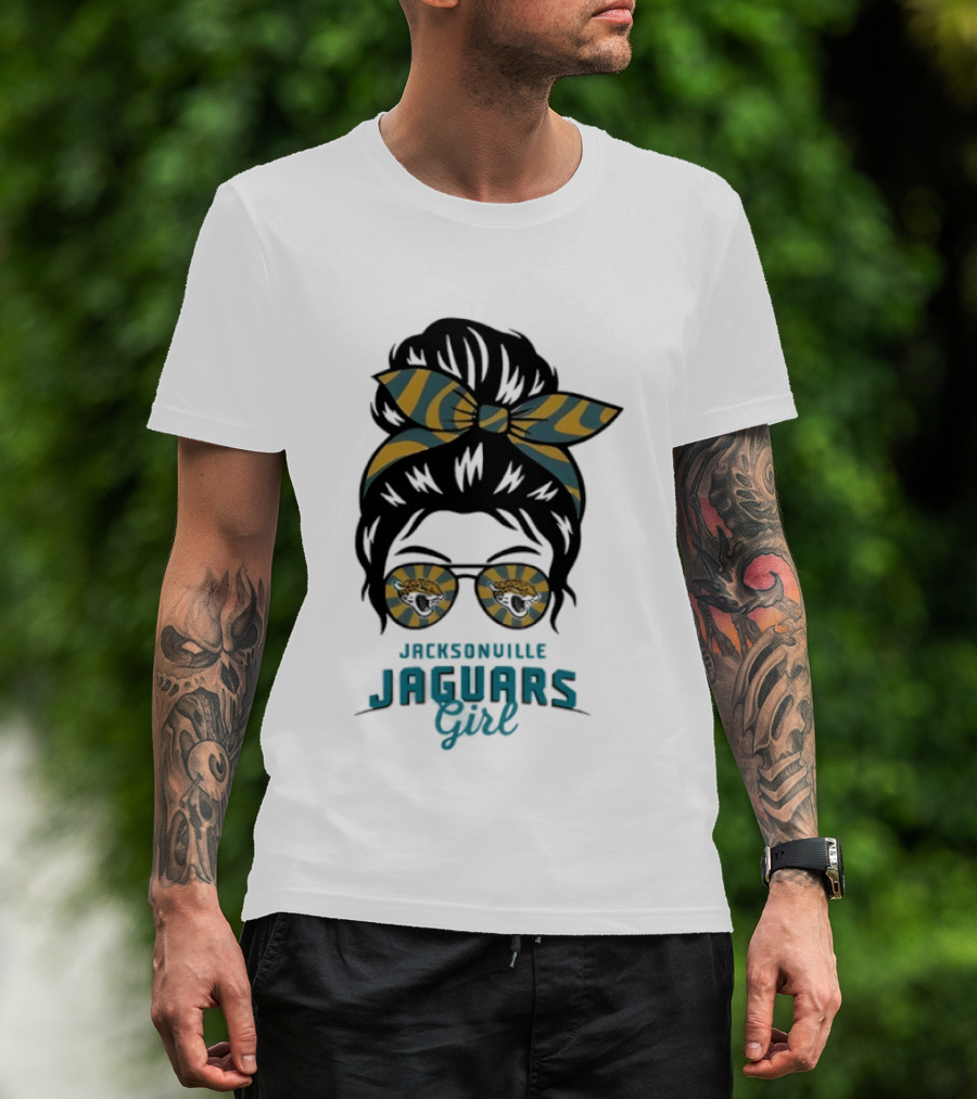 Jacksonville Jaguars Girl Messy Bun Glasses Bow Fan Spirit T-Shirt