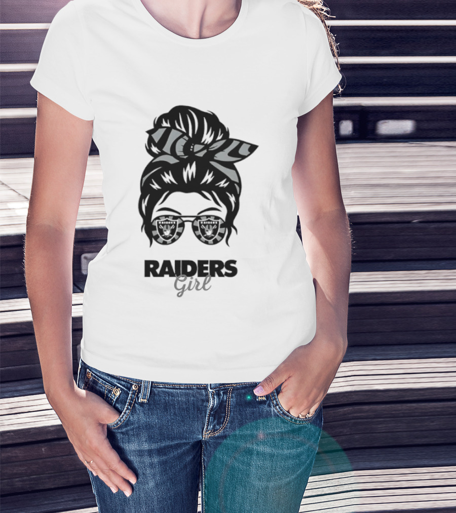 Raiders Girl Messy Bun Sunglasses Fan T-Shirt