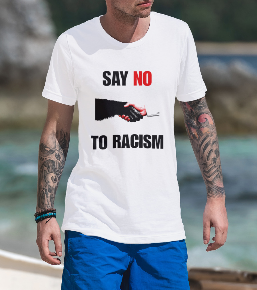 Say No To Racism Bigfoot Human Handshake Equality Message T-Shirt