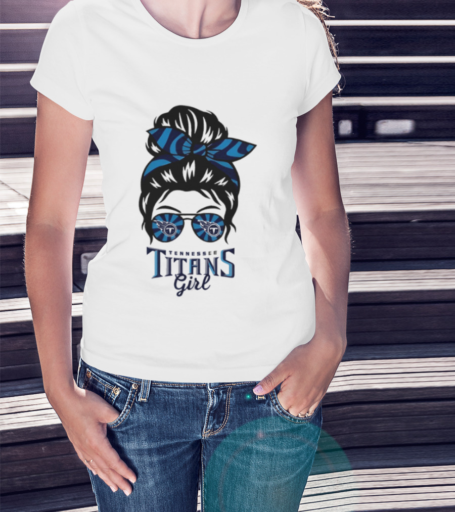 Tennessee Titans Girl Messy Bun Glasses Bow T-Shirt