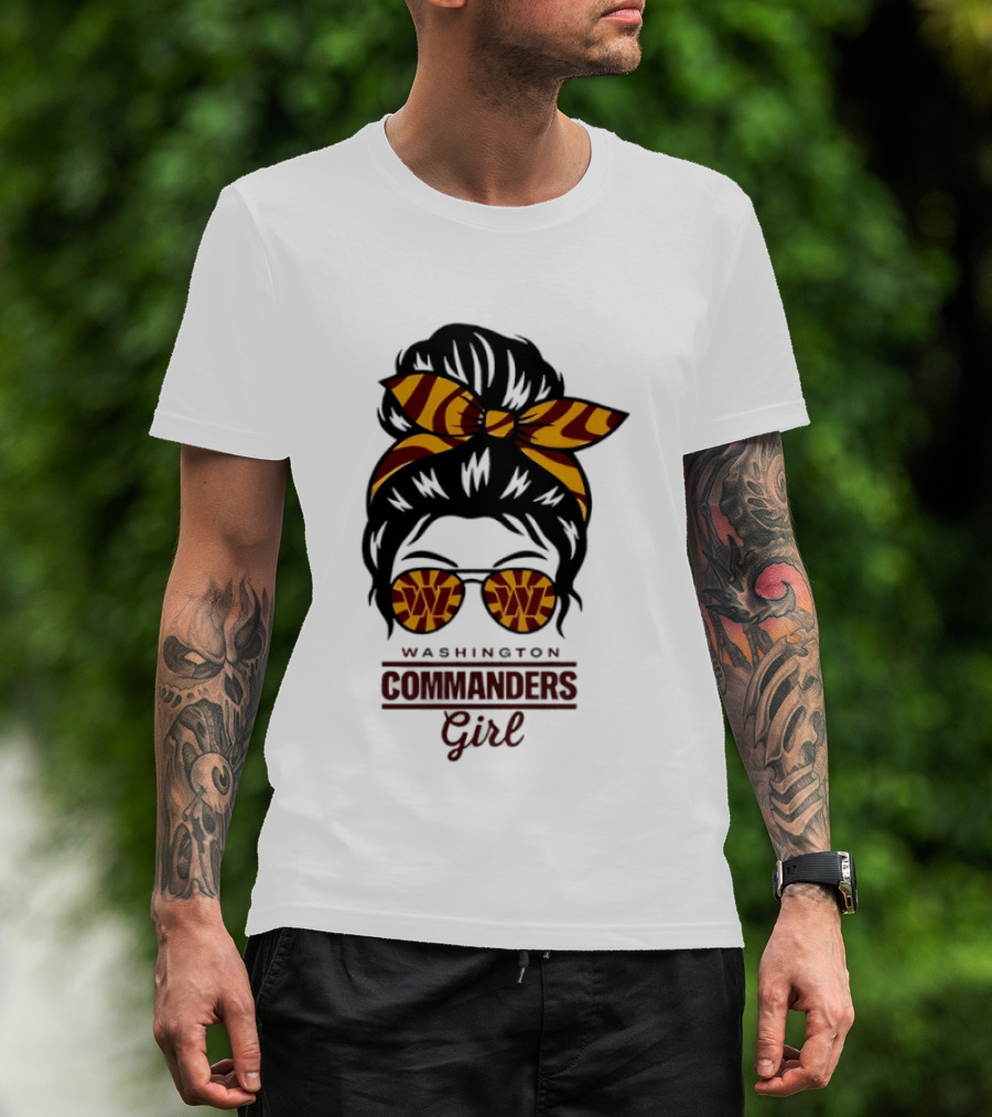Washington Commanders Girl Messy Bun Glasses Football Fan T-Shirt