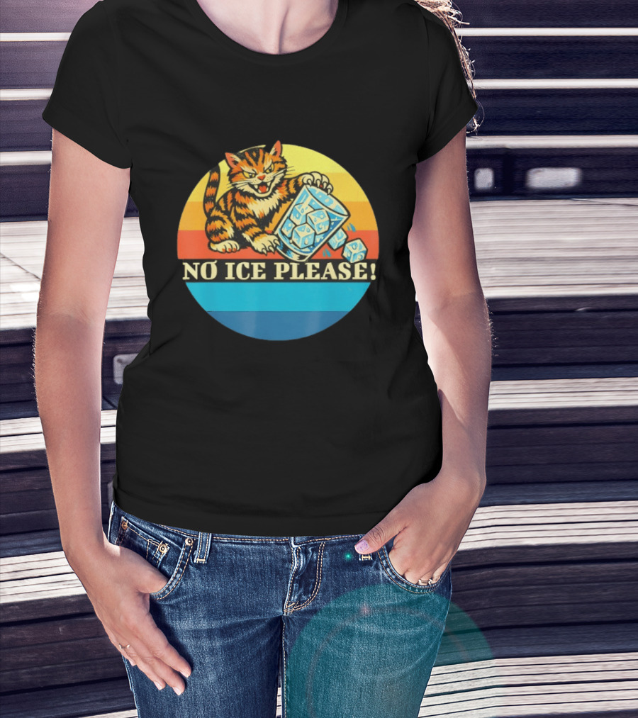 No Ice Please Cat Cartoon Rainbow Stripes T-Shirt