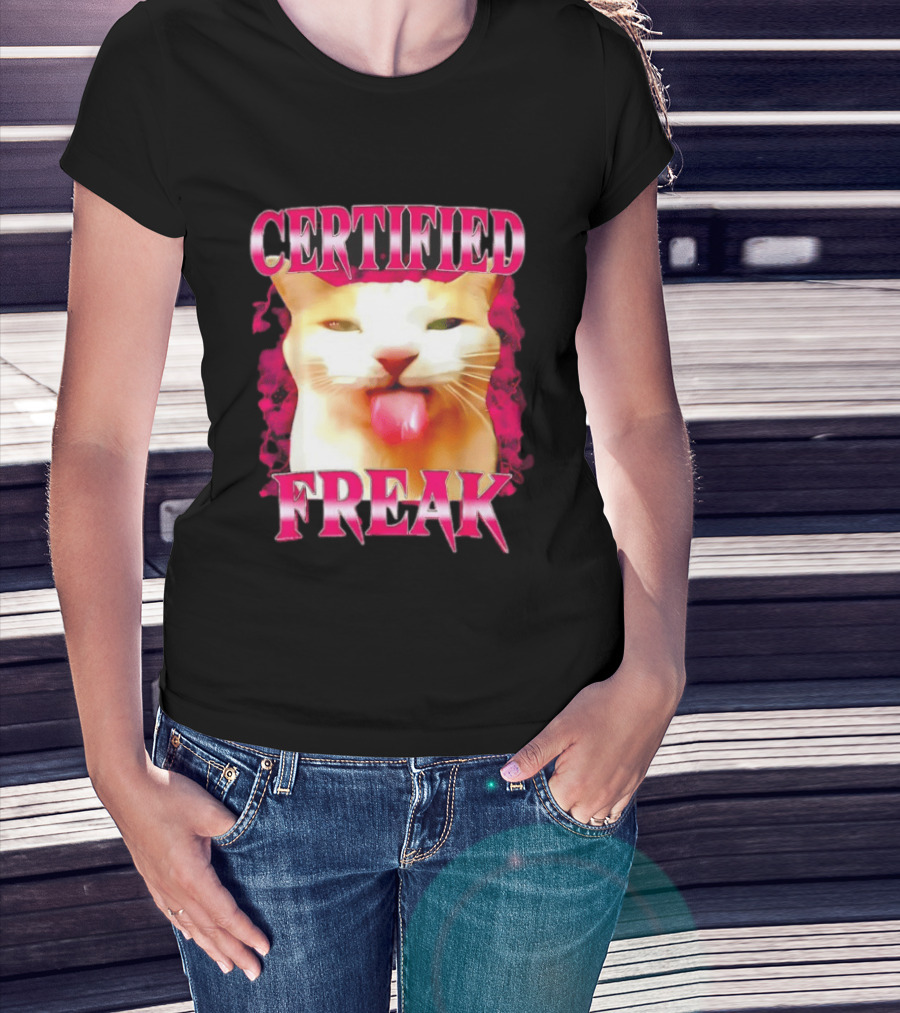 Certified Freak Cat Tongue Out Pink Edge T-Shirt