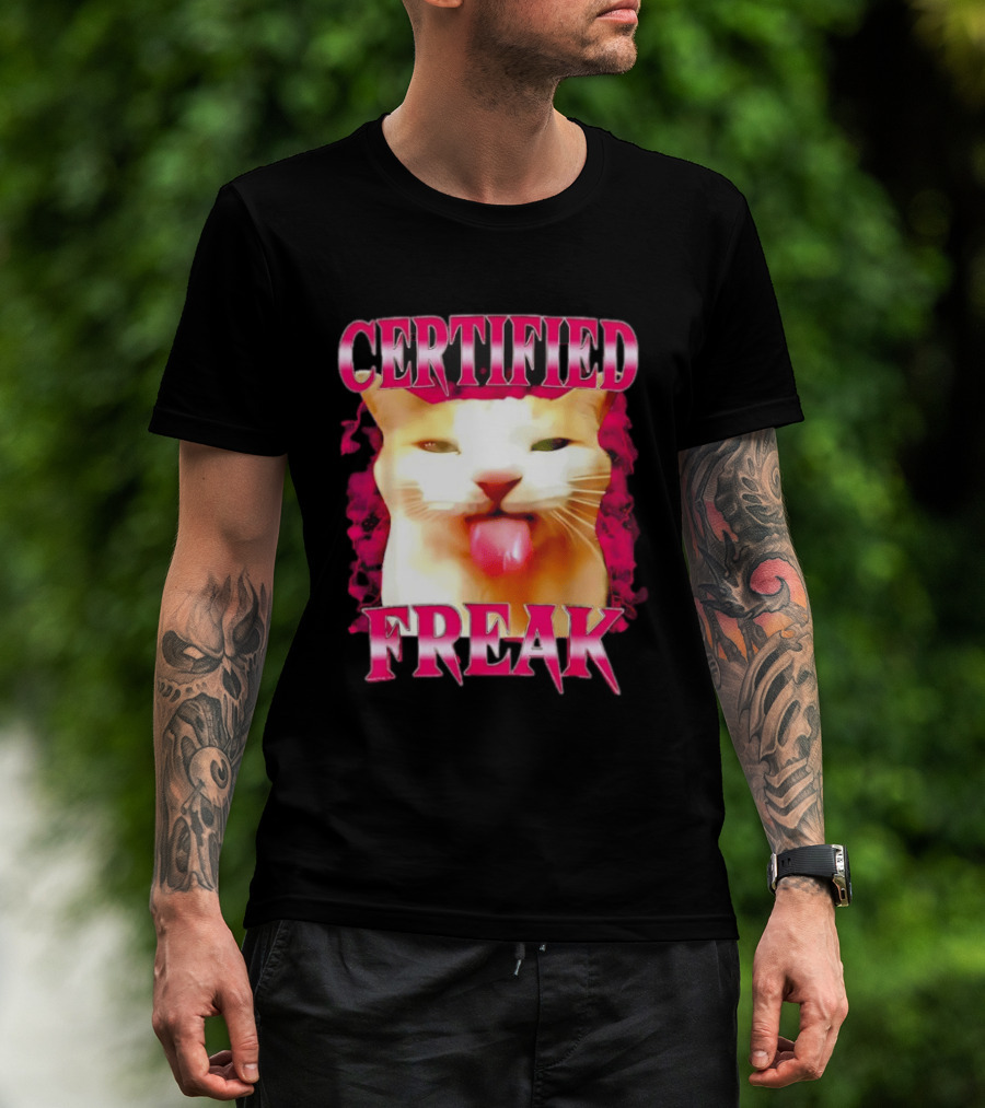 Certified Freak Cat Tongue Out Pink Edge T-Shirt