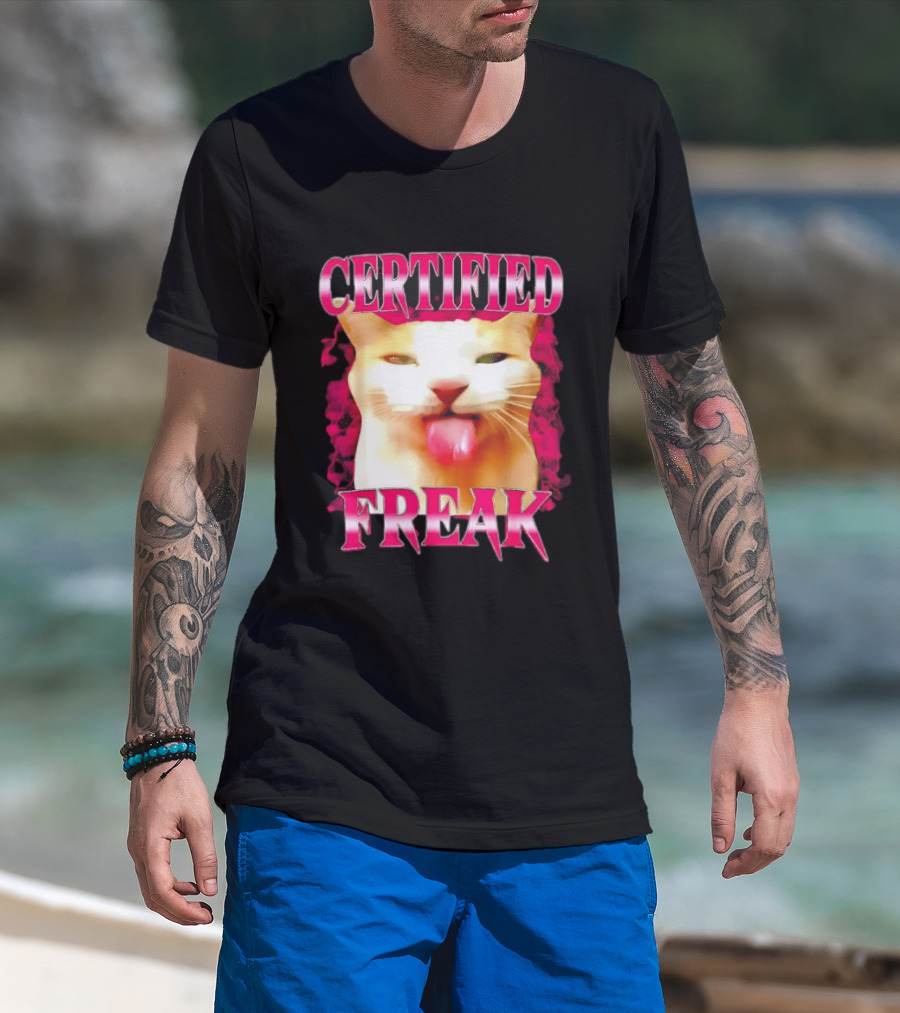 Certified Freak Cat Tongue Out Pink Edge T-Shirt