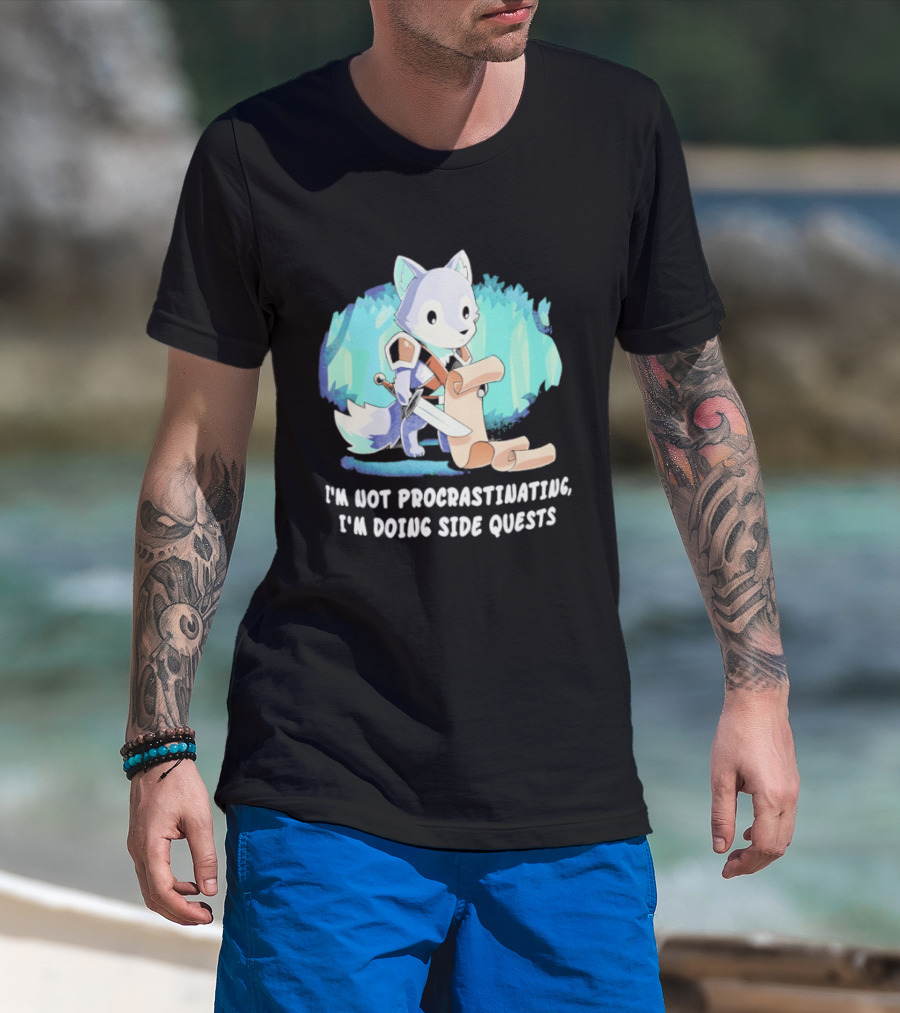 I'm Not Procrastinating I'm Doing Side Quests Cute Fantasy Wolf Cartoon T-Shirt