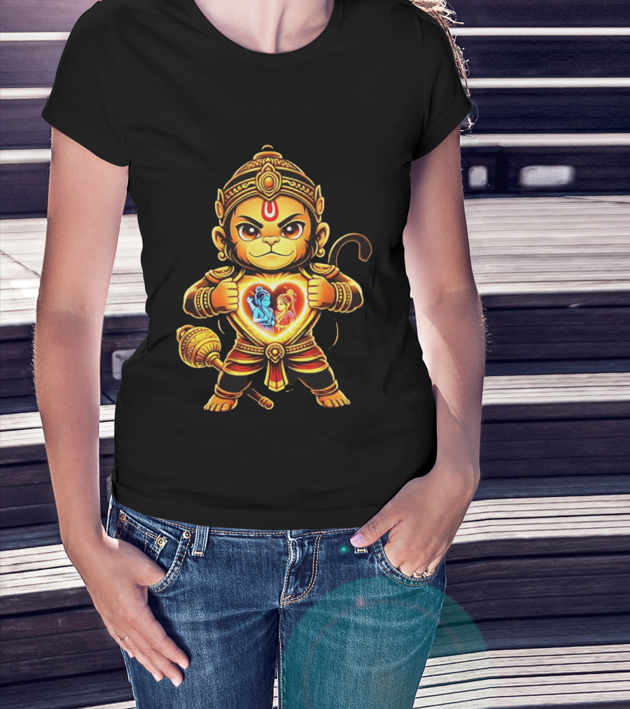 Hanumanji Hanuman Hindu Monkey God Devotee Illustration With Heart Symbol And Ram Sita T-Shirt