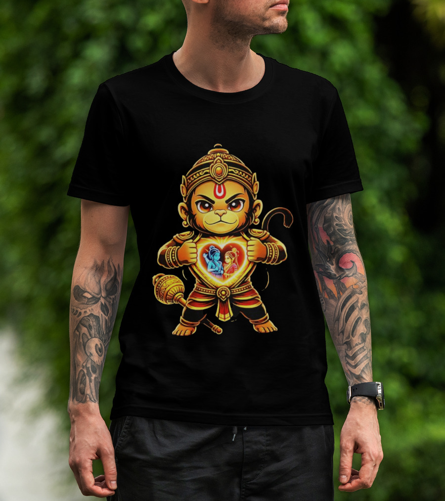 Hanumanji Hanuman Hindu Monkey God Devotee Illustration With Heart Symbol And Ram Sita T-Shirt