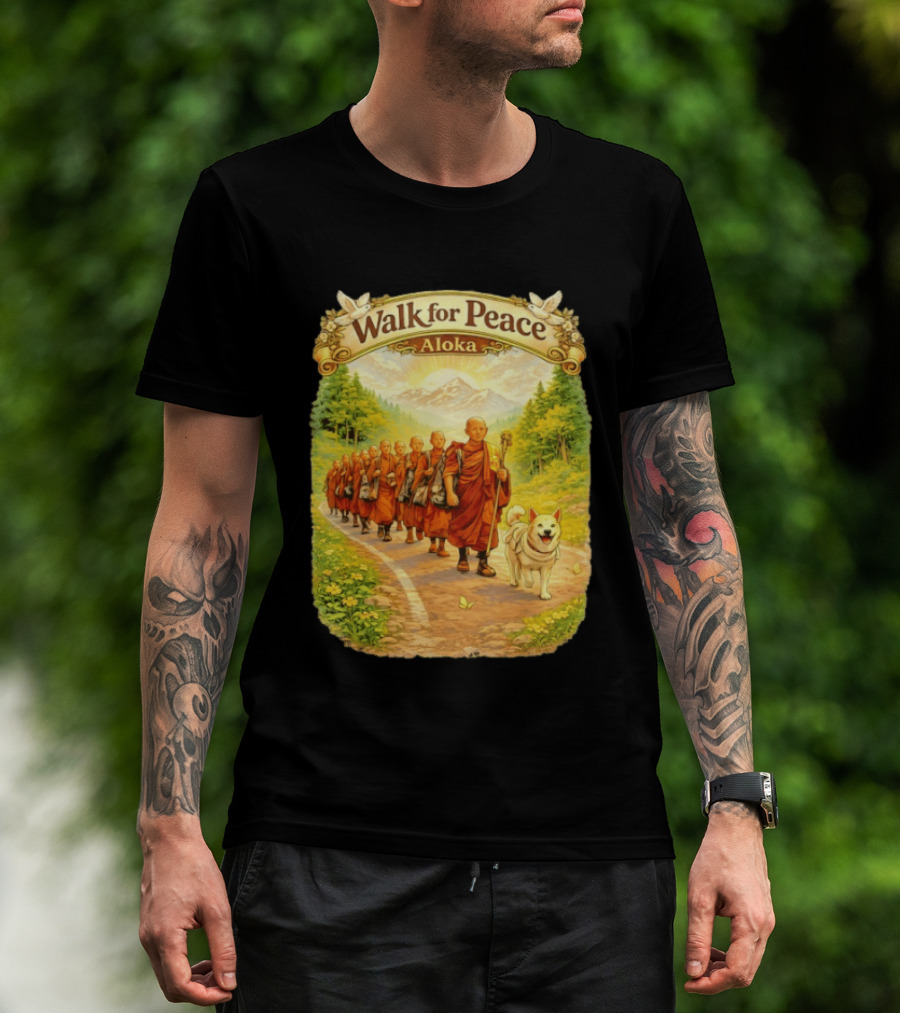 Walk For Peace Aloka Monks With Dog In Nature Trail T-Shirt