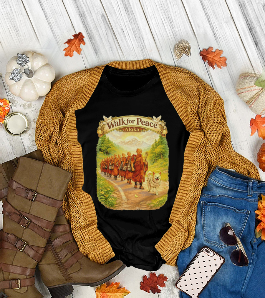 Walk for Peace Aloka Monks with Dog in Nature Trail T-Shirt