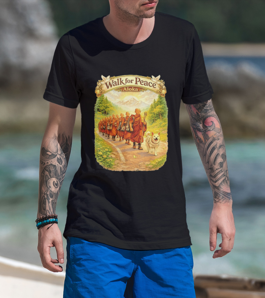 Walk For Peace Aloka Monks With Dog In Nature Trail T-Shirt